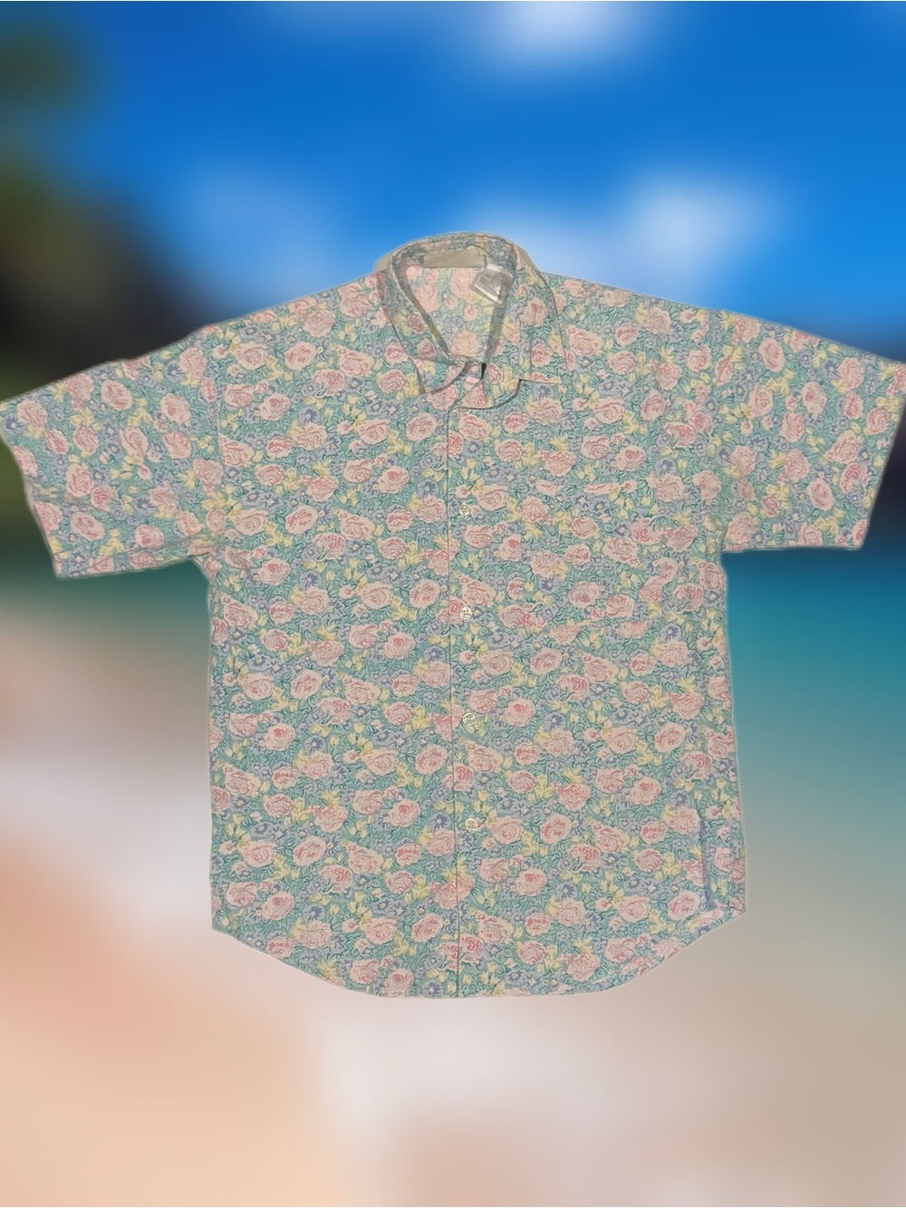 Floral Men’s Size Large Pink and Blue Button-Up Shirt Multicolor Short Sleeve